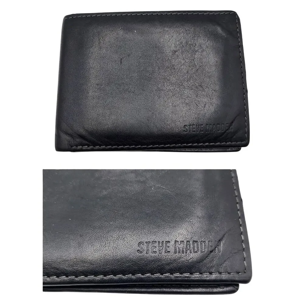 Steve Madden Black Genuine Leather Classic Bifold Men's Wallet Stitched Detail